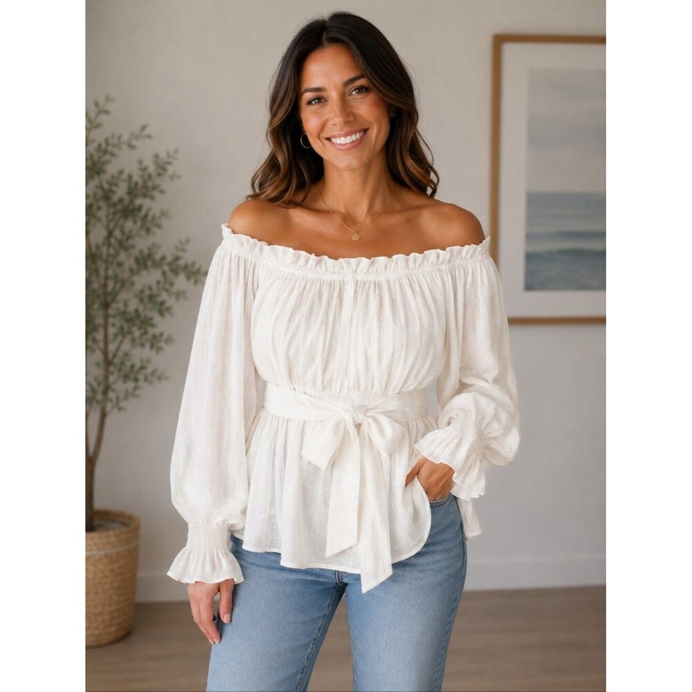 Blu Pepper Cream Poet Sleeve Peplum Blouse W/ Tie Waist, M